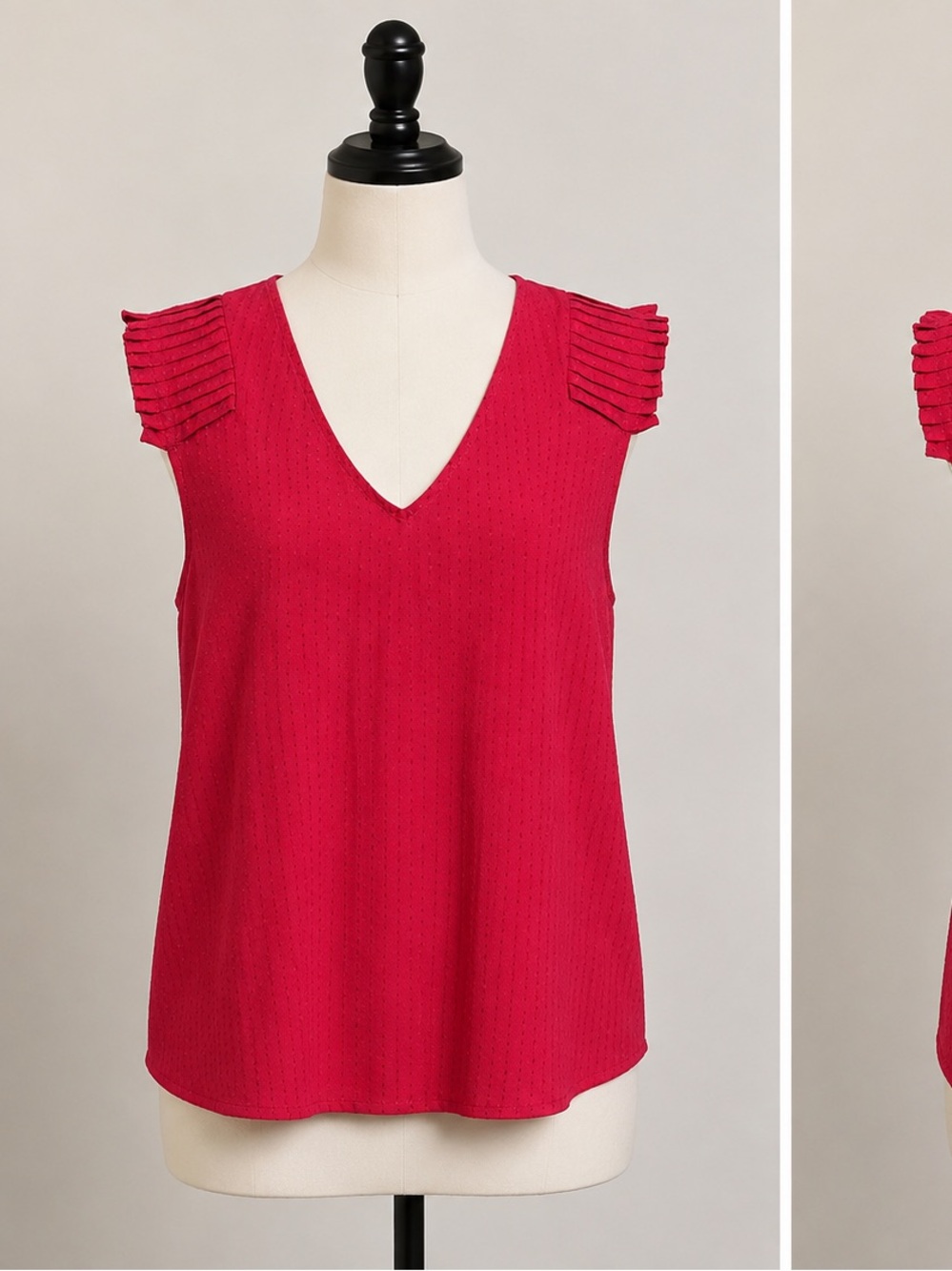 Skies Are Blue Red Red V-Neck Tank with Pleated Cap Shoulders